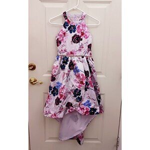 Girls Rare Edition hi low party Dress Size 16 floral satin strappy rhinestone
